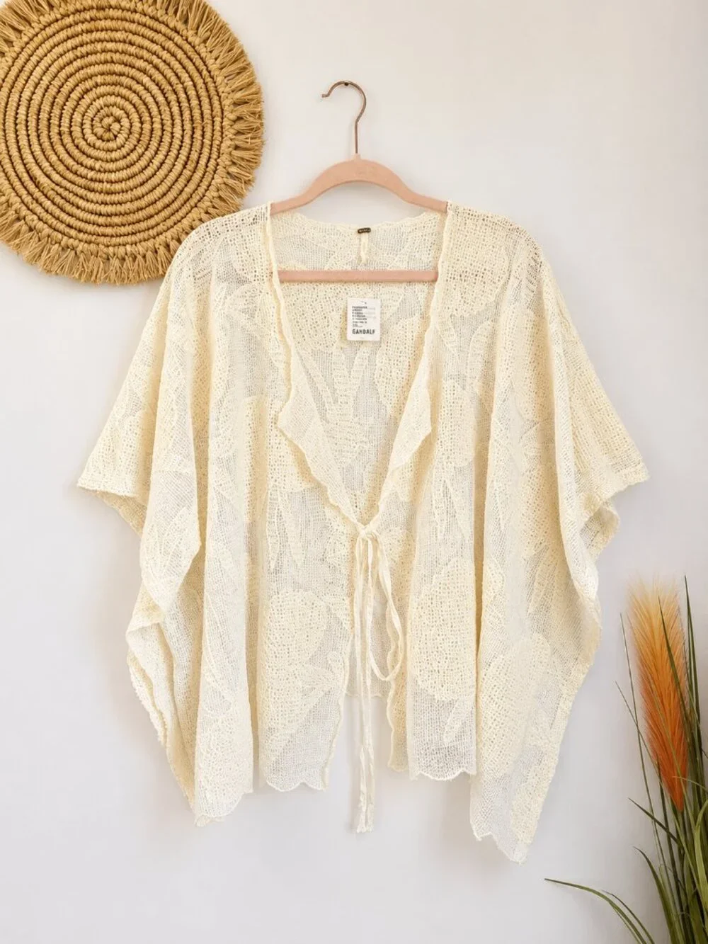 Free People NEW Willow Ivory Off White Lace Tie Front Cape Kimono One Size Boho